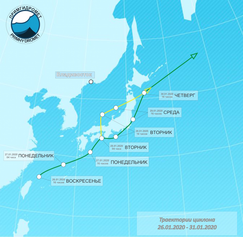 Траектория циклона, который косвенно влияет на погоду в Приморском крае, 29 - 30 января 2020 года.