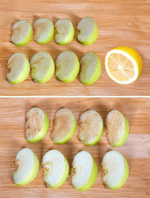 Часть яблок побрызгали не много свежим лимонным соком. Результат порадовал: не только не потемнели, а ещё и отбелились!
