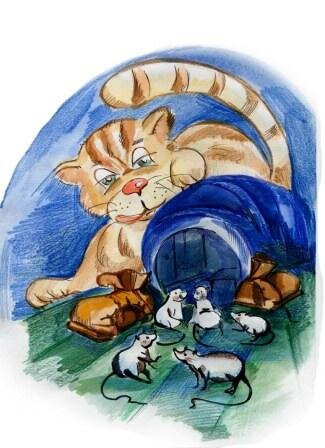 Ночью темною на крыше  У трубы резвились мыши. 
Серых мышек ровно пять, 
Вышли мышки погулять. 
Вдруг раздался шорох снизу, 
К ним крадется по карнизу 
Кто-то грозный, полосатый 
И хвостатый и усатый. 
Поднялась тут суета, 
Побежал и от кота 
Два мышонка на чердак, 
В старый забрались башмак. 
Остальные поскорей 
Спрятались в норе своей. 
Вот вопрос для малышей: 
Сколько в норке той мышей?