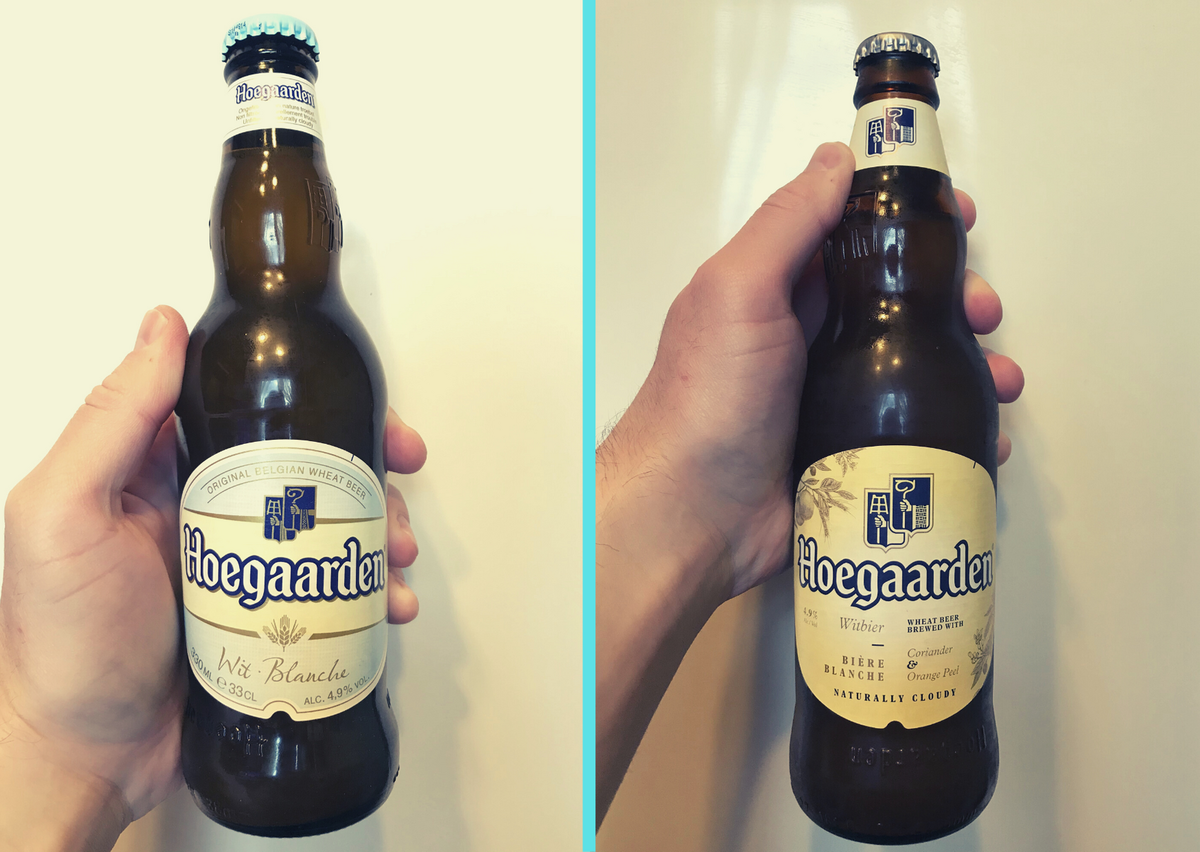 Слева - бельгийский оригинал в бутылке 0,33 л; справа - бутылка 0,47 л, производство Россия, г. Клин