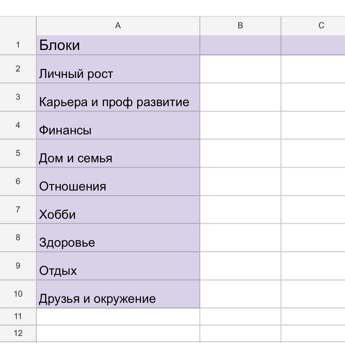 Составление таблицы-плана по самореализации