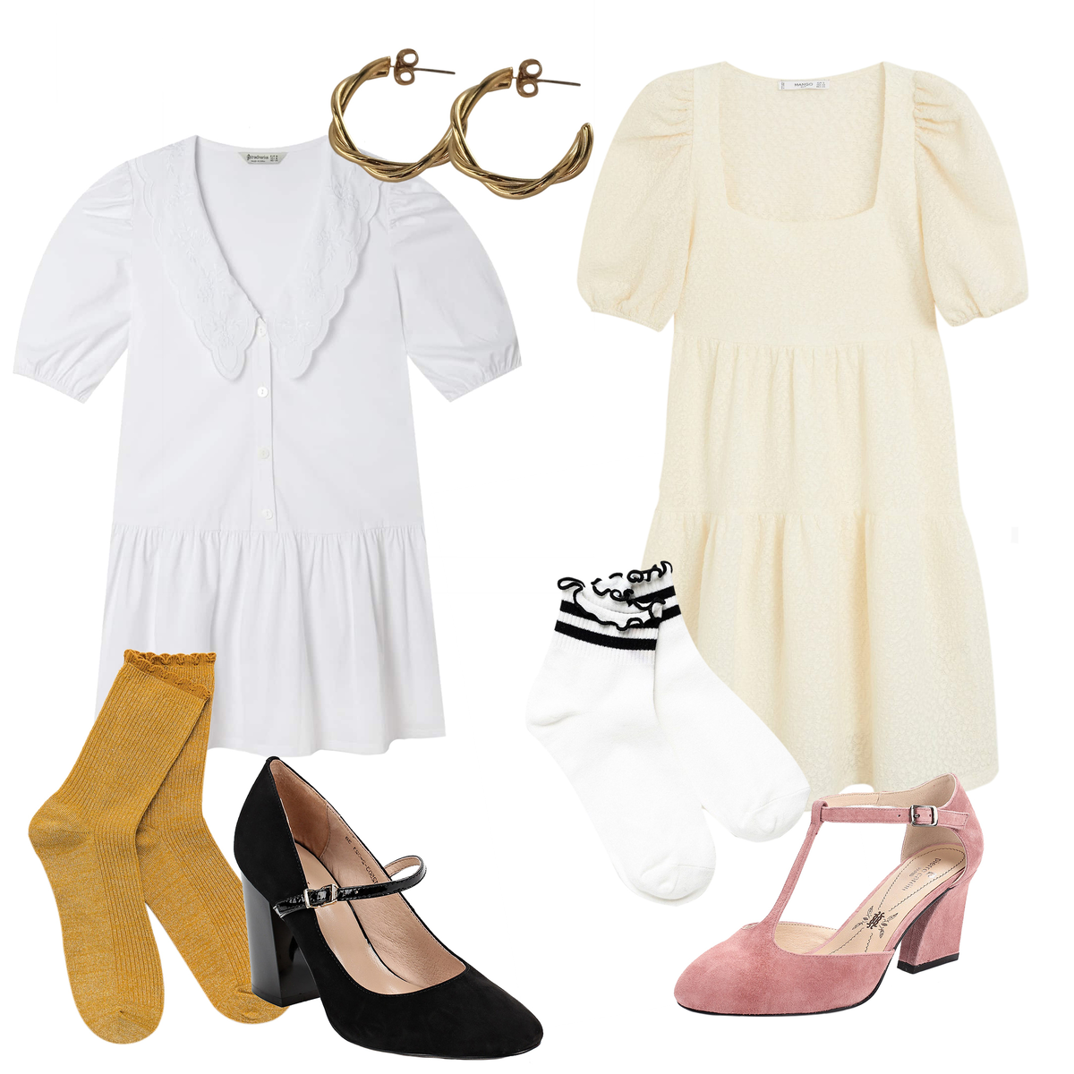 Платье-рубашка с круглым воротником, Stradivarius, 2999 руб. 
Льняное платье с воланом, Mango, 2999 руб.
Носки, Befree, 174 руб.
Носки, Befree, 199 руб.
Туфли черные, Valley, 9400 руб.
Туфли розовые, Pierre Cardin, 3999 руб.

