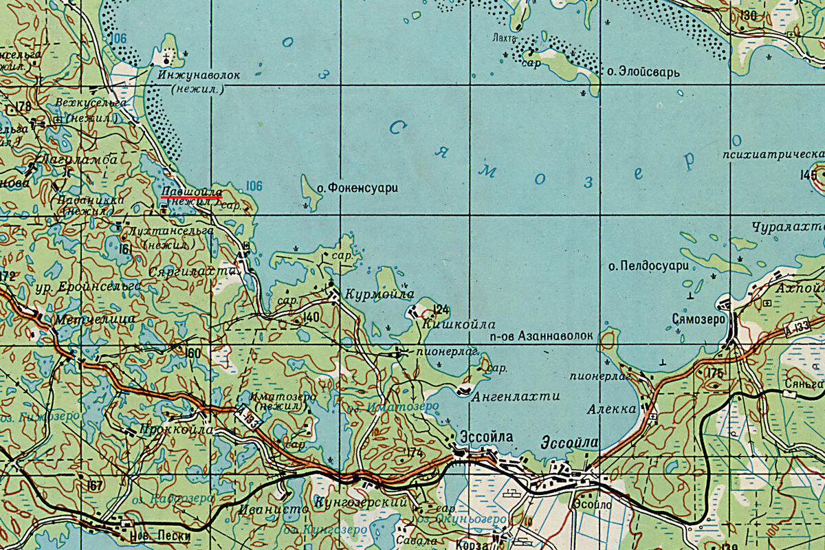 Фрагмент топографической карты Карелии. Деревня Павшойла выделена красной чертой