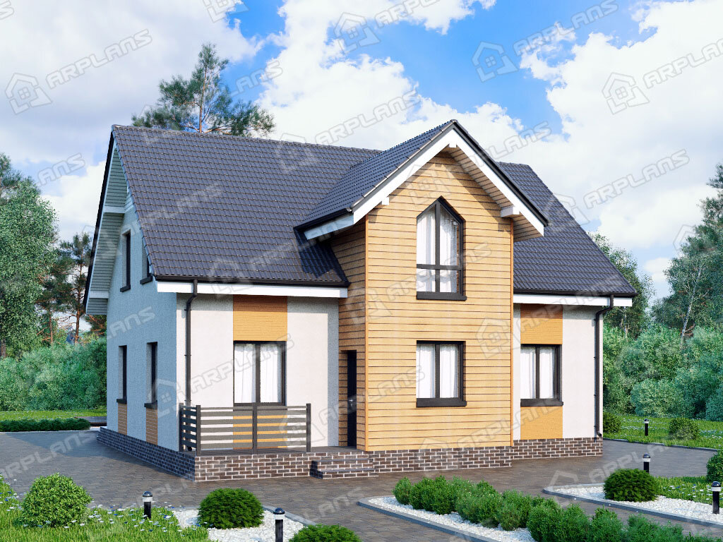 Фото 1 двухэтажного дома из газобетона с мансардой, 3 спальнями, балконом, террасой, гостевой комнатой и газовой котельной.150 кв м. Источник arplans.ru Проект К-264