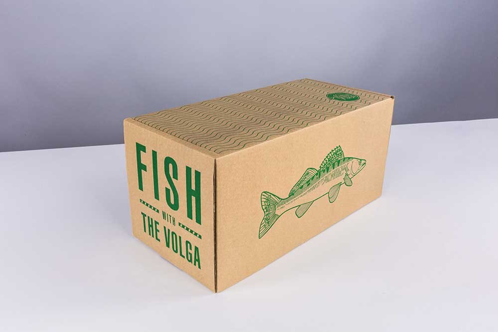Коробка типа "самолет" из гофрокартона с печатью для упаковки рыбы 