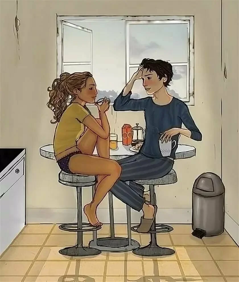 Двое на кухне иллюстрация. Парень и девушка юмор. Мужчина на кухне карикатура. Прикольные картины на кухню. Без чая я скучаю