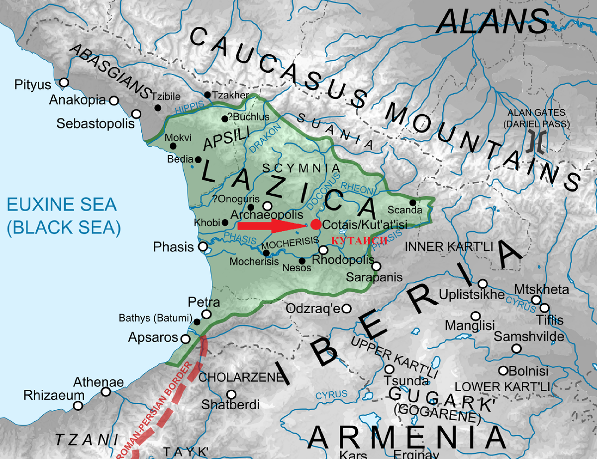 Древнее государство ЛАЗИКА (Эгриси), бывшее в составе Византии при Юстиниане I. в 527 - 565 гг. Ныне это область на Юго-Востоке Грузии с центром в городе КУТАИСИ, неподалеку от Черного моря. 