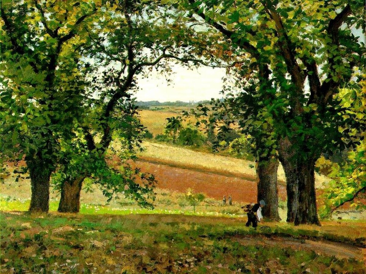 Камиль Писсарро, "Каштаны в Они близ Понтуаза", 1873 год. Обратите внимание, сколько разных оттенков цвета использовано для живописи земли, деревьев, ближнего и дальнего планов.