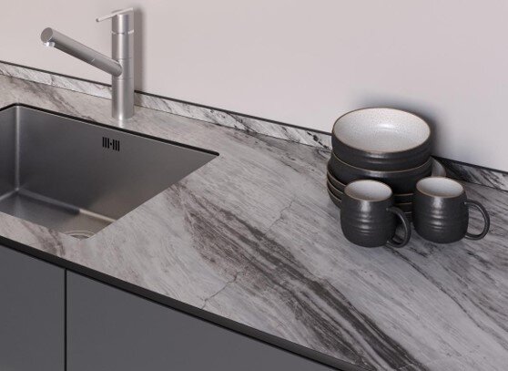 Раковина нижнего монтажа на столешнице HPL. Декор Slotex Crystal Marble 8040