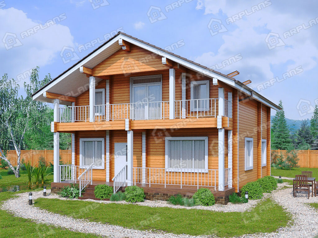 Фото 2 двухэтажного дома из бруса с 3 спальнями, балконом и террасой. Общая площадь 165 кв м. Источник arplans.ru Проект ДС-114