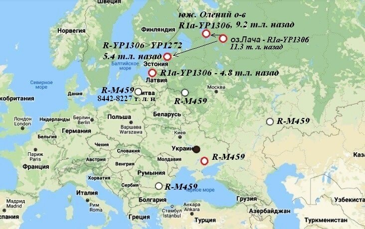  R1a-M459 – предковый гаплотип для R-YP1306*. Карта из статьи И. Рожанского (Расшифровка значков моя - Б.Н.)