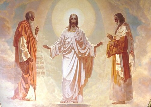 Преображение Господне на горе Фавор. Пророки Илия и Моисей по обе стороны Христа