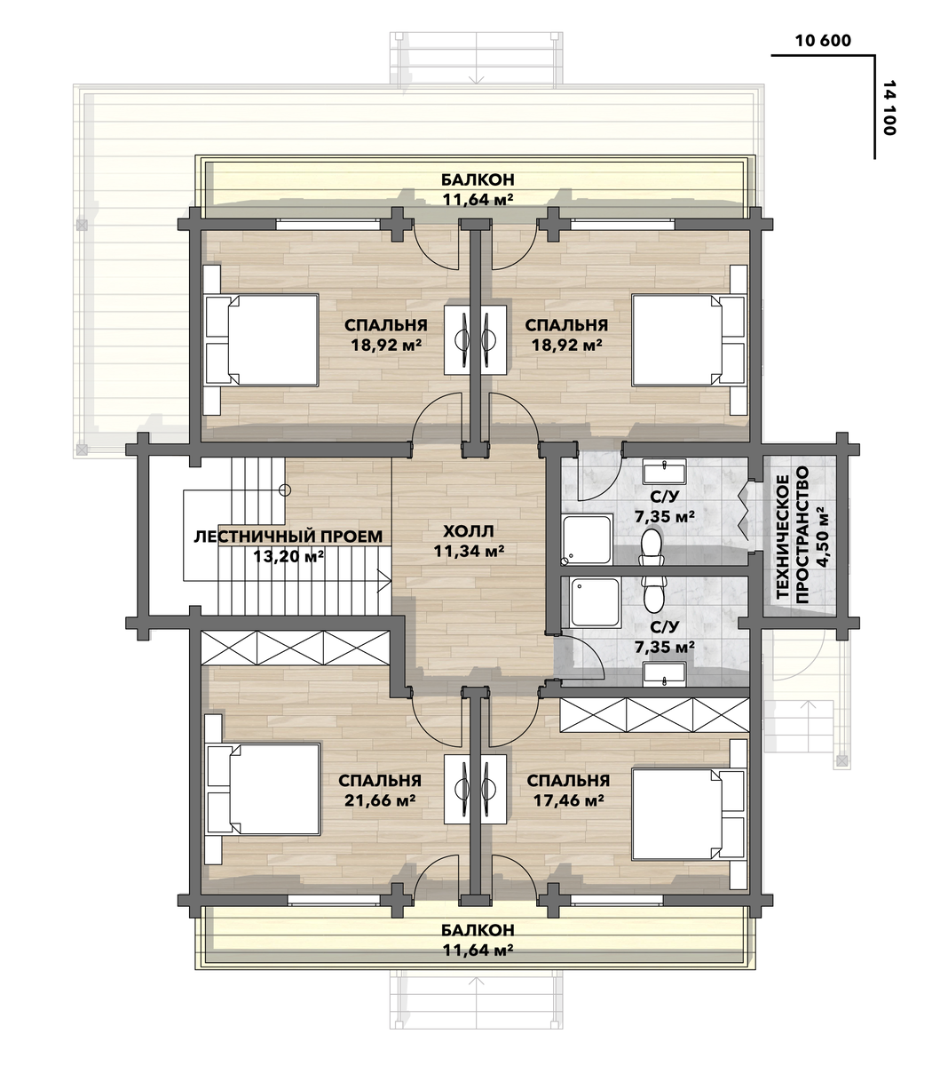 Двухэтажный 6-ти комнатный дом из бруса 13х15 м., общей площадью 300 кв.м.