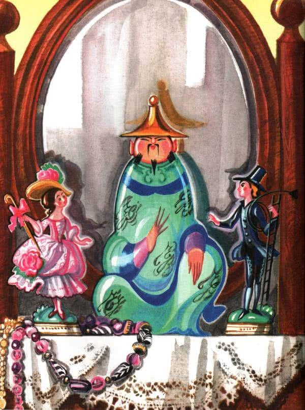 Видали ли вы когда-нибудь старинный-старинный шкаф, почерневший от времени и весь изукрашенный резьбою в виде разных завитушек, цветов и листьев? Такой вот точно шкаф — наследство после прабабушки — и стоял в комнате. Он был весь покрыт резьбой — розами, тюльпанами и самыми причудливыми завитушками. Между ними высовывались маленькие оленьи головы с ветвистыми рогами, а по самой середине был вырезан целый человечек. На него невозможно было глядеть без смеха, да и сам он преуморительно скалил зубы — такую гримасу уж никак не назовёшь улыбкой! У него были козлиные ноги, маленькие рожки на лбу и длинная борода. Дети звали его обер-унтер-генерал-комиссар-сержант Козлоног! Трудно выговорить такое имя, и немногие удостаиваются подобного титула, зато и вырезать такую фигуру стоило немалого труда. Ну, да всё-таки вырезали! Он вечно глядел на подзеркальный столик, где стояла прелестная фарфоровая пастушка. Башмачки на ней были вызолоченные, платьице слегка приподнято и подколото алой розой, на головке красовалась золотая шляпа, а в руках пастуший посох.
Ну, просто прелесть! Рядом с нею стоял маленький трубочист, чёрный как уголь, но, впрочем, тоже из фарфора и сам но себе такой же чистенький и миленький, как всякая фарфоровая статуэтка; он ведь только изображал трубочиста, и мастер точно так же мог бы сделать из него принца, — всё равно!
Он премило держал в руках свою лестницу: личико у него было белое, а щёки розовые, как у барышни, и это было немножко неправильно, следовало бы ему быть почернее. Он стоял рядом с пастушкой — так их поставили, так они и стояли; стояли, стояли, да и обручились: они были отличною парочкой, оба молоды, оба из фарфора и оба одинаково хрупки.