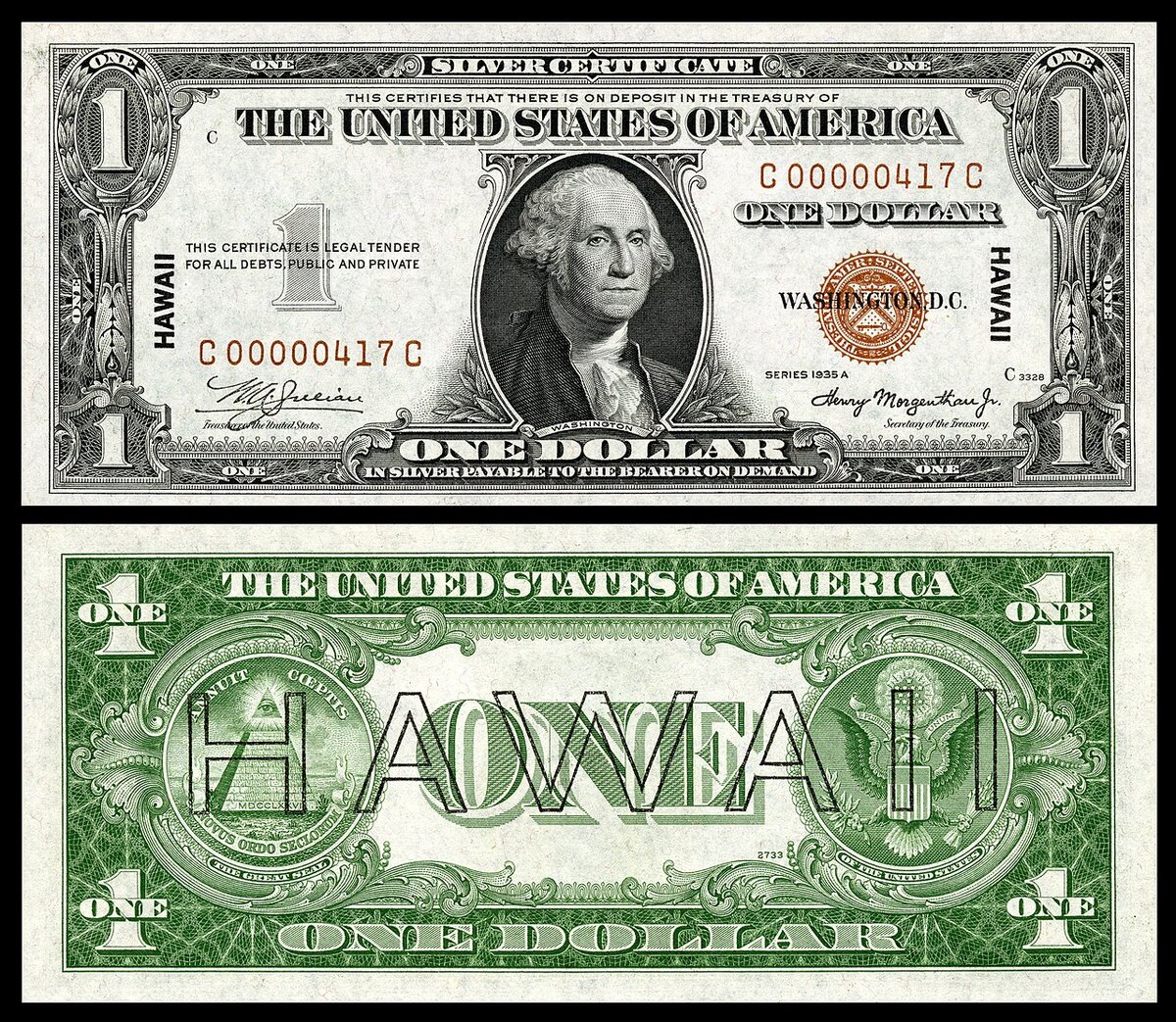 1 доллар 1935 года с надпечаткой "Гавайи". Надпечатка Гавайи на долларах США после атаки Пёрл-Харбора, чтобы сразу вывести их из обращения на случай оккупации островов Японией в 1942 году. Источник фото: Википедия.