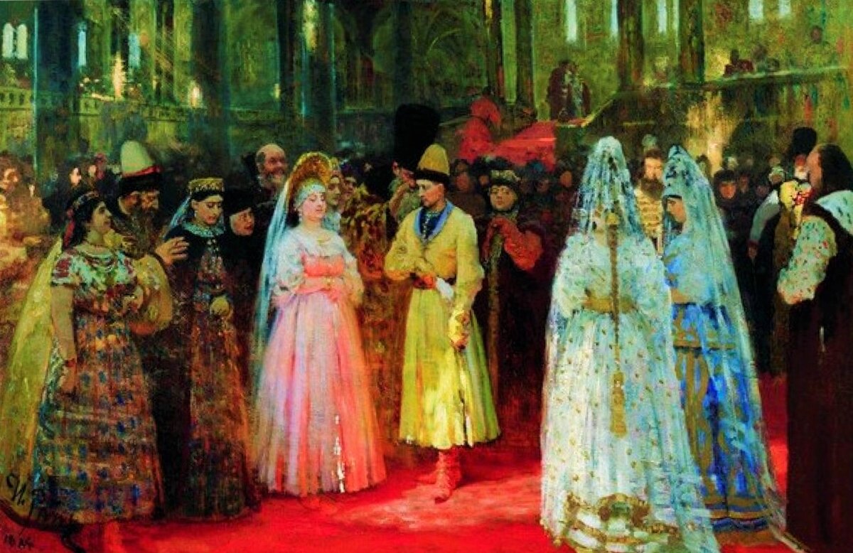 И.Е. Репин. "Выбор царской невесты", картина 1884 г. Первой женой Ивана Васильевича Грозного была Анастасия Романовна Захарьина-Юрьева, из рода, который впоследствии стал называться "Романовы", а родство Романовых с сыном Ивана и Анастасии Федором Иоанновичем послужило основанием избрания на престол в 1613 г. Михаила Романова. Анастасии Михаил приходился внучатым племянником, Федору, последнему Рюриковичу на престоле - племянником. 