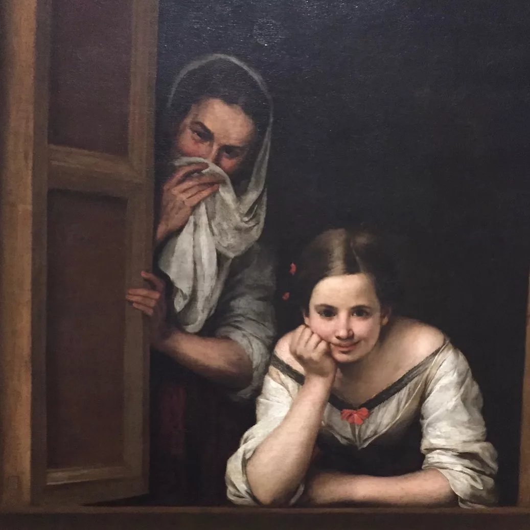 Две испанские женщины 17 века у окна. Картина Бартоломе Мурильо.