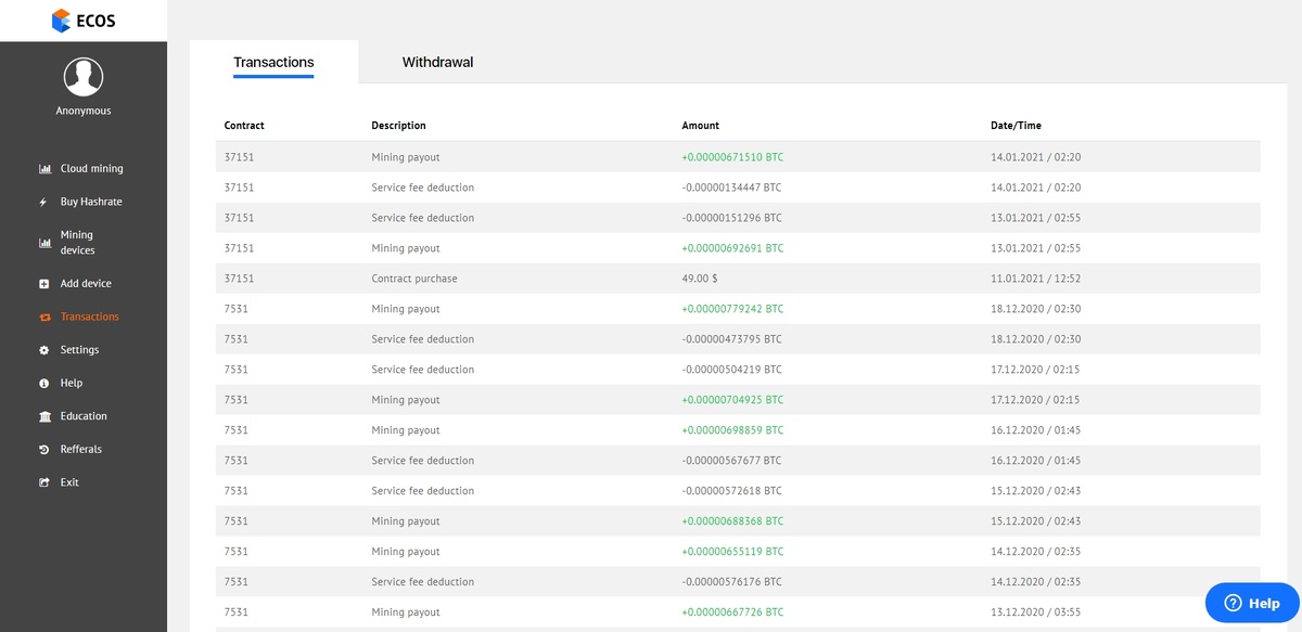 Скриншот из личного кабинета.