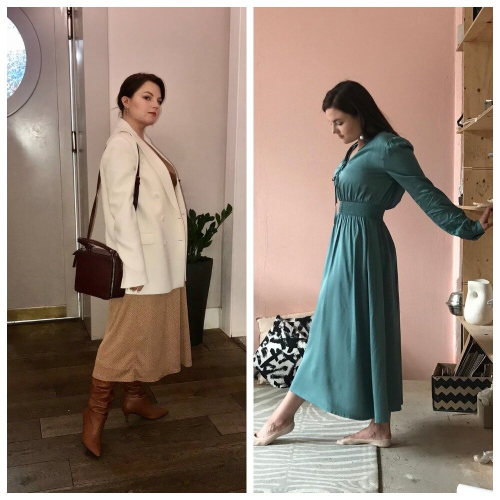 Сейчас в моем гардеробе в основном платья и юбки, джинсы не ношу совсем