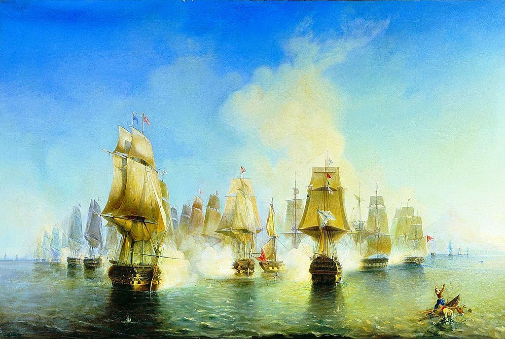 1807, 19 июня (1 июля) - У полуострова Афон (Эгейское море) произошло морское сражение между русской эскадрой вице-адмирала Д.Н. Сенявина и турецкой эскадрой.  («Афонское сражение 19 июня 1807 года». Худ. А.П. Боголюбов).