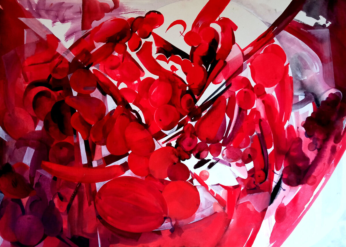 Сергей Галета. Красный калейдоскоп. бумага. акварель. 50х70 см. 2021 г.