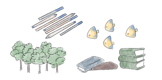 a number of pens, a number of fishes, a number of trees, a number of books