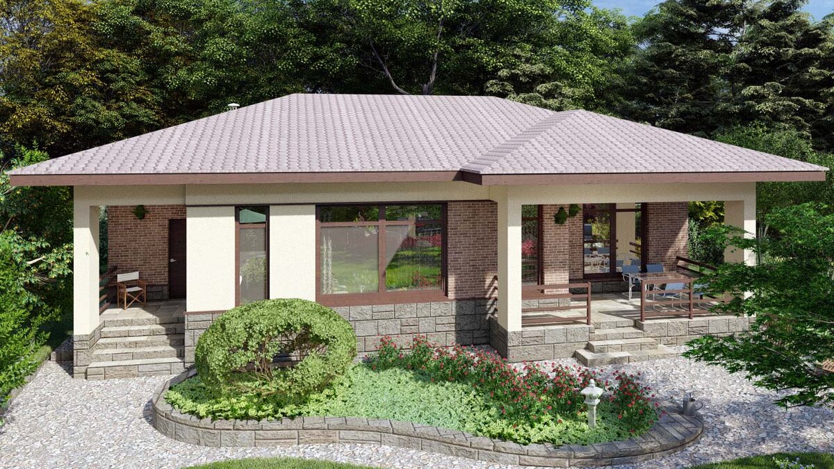 В отделке стен совместили облицовку плиткой под кирпич, штукатурку, каменный цоколь,  лаконичные детали отделки, использовали много стекла. В результате стиль дома приобрел современное звучание.