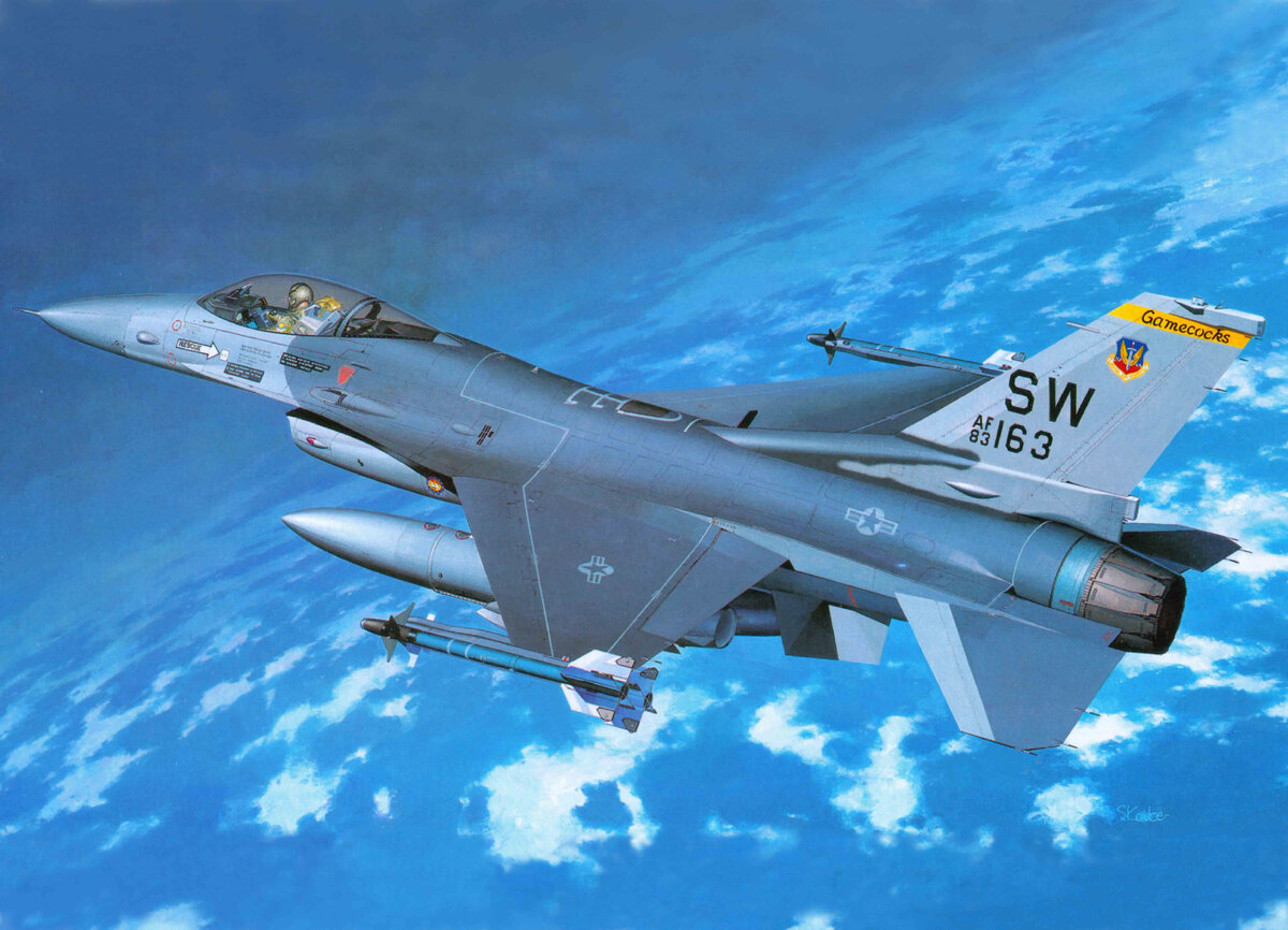 General Dynamics F-16 Fighting Falcon. Самолёт 4 поколения 1974 года издания. Многократно модернизированный состоит на вооружении НАТО.