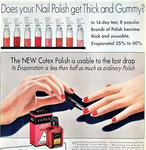 Реклама лака Cutex 1930-х. Заодно можно посмотреть на "лунный маникюр" того  времени