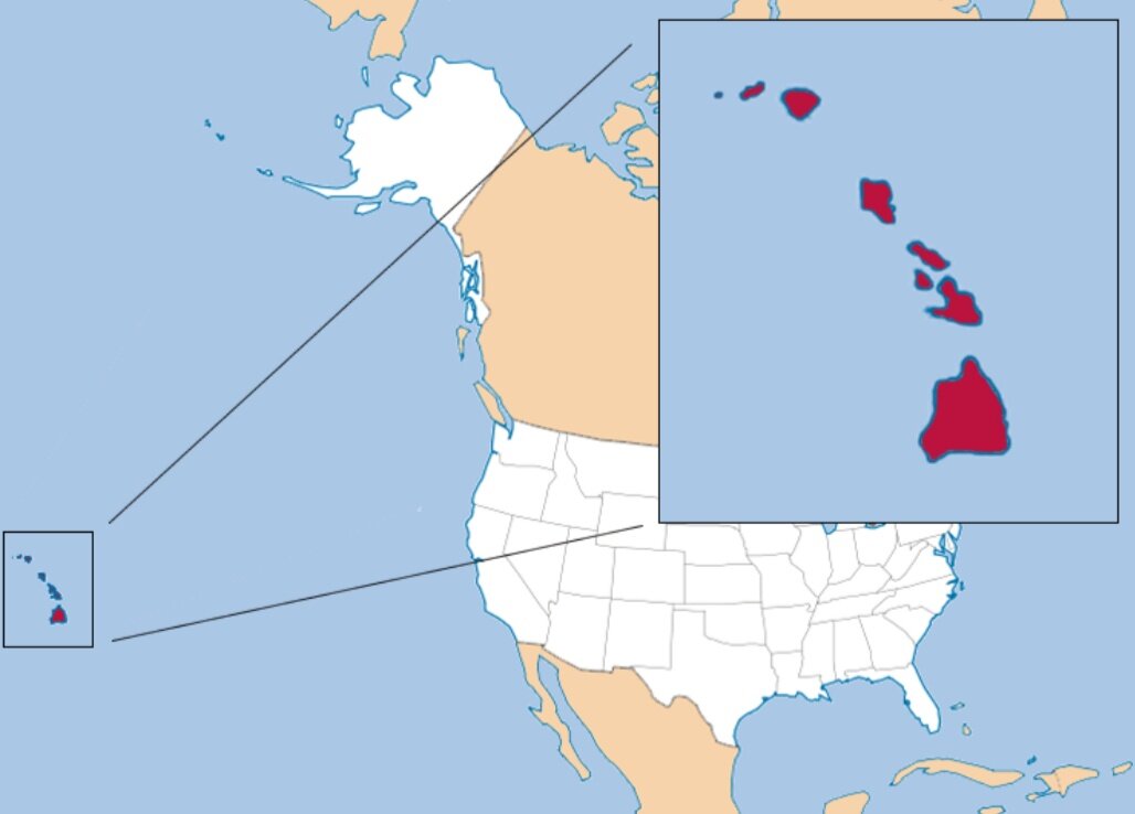 Площадь северной америки с островами. Гавайи на карте США. Гавайские острова на карте США. Штат на карте Америки Гавайи. Штат Гавайи на карте США.