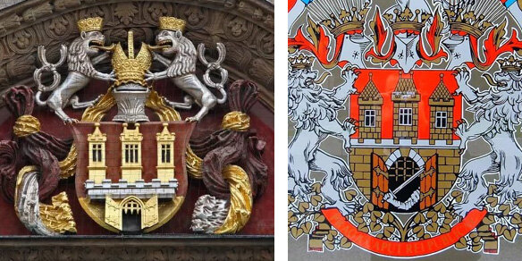 Слева - пражский герб на здании Ратуши.  Справа - современный герб Праги в оформлении автобусной остановки.  