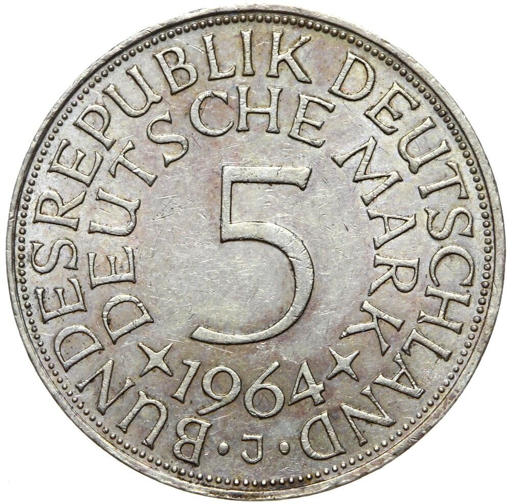 5 марок ФРГ 1964, серебро