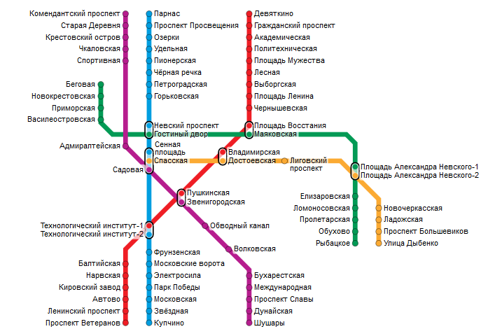 Линии петербургского метрополитена.  Источник фото: https://yandex.ru/metro/spb  