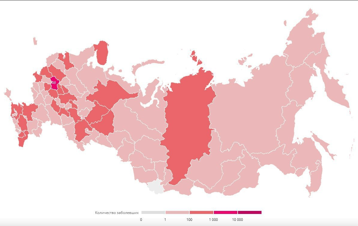 Карта распространения коронавируса по России: единственный незатронутый регион – Горный Алтай / Телеграм-канал @China2019ncov
