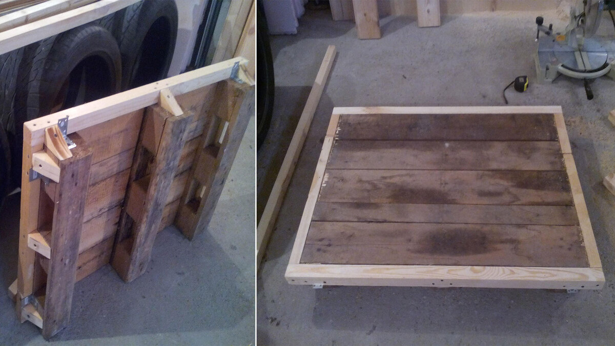 Порода не очень крупная, Вельш-корги, поэтому за основание будки я взял небольшой палет. С таким расчетом что в будке будет 2 отделения,в каждом из которых собака могла бы развернуться и чувствовать себя комфортно. Первое отделение «предбанник» , второе- где собака будет спать, где находится ее ложе. Перегородка между отделениями защищает собаку от ветра, снега, дождя.  Палет по краям обшил брусом, так как посчитал что он недостаточно большой. Брус прикрутил к основанию саморезами  и еще укрепил металлическими и деревянными уголками. Брус должен быть прикреплен к палету очень крепко, потому что на них будут крепиться стойки и вся тяжесть будки распределится на нижний брус. Брус используем 5 на 5.