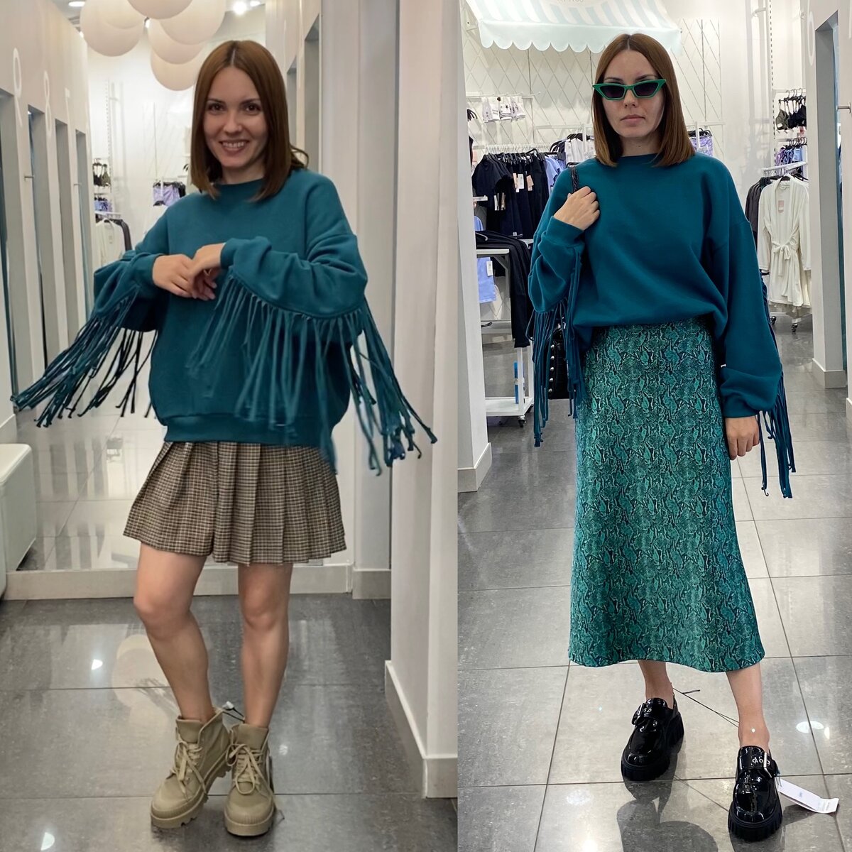 В образе слева  много горизонталей, поэтому фигура может выглядеть шире, а рост визуально ниже. В образе справа обозначена линия талии, единый монохромный цвет (+ вертикальный принт в тон) (фото автора, коллаж автора)