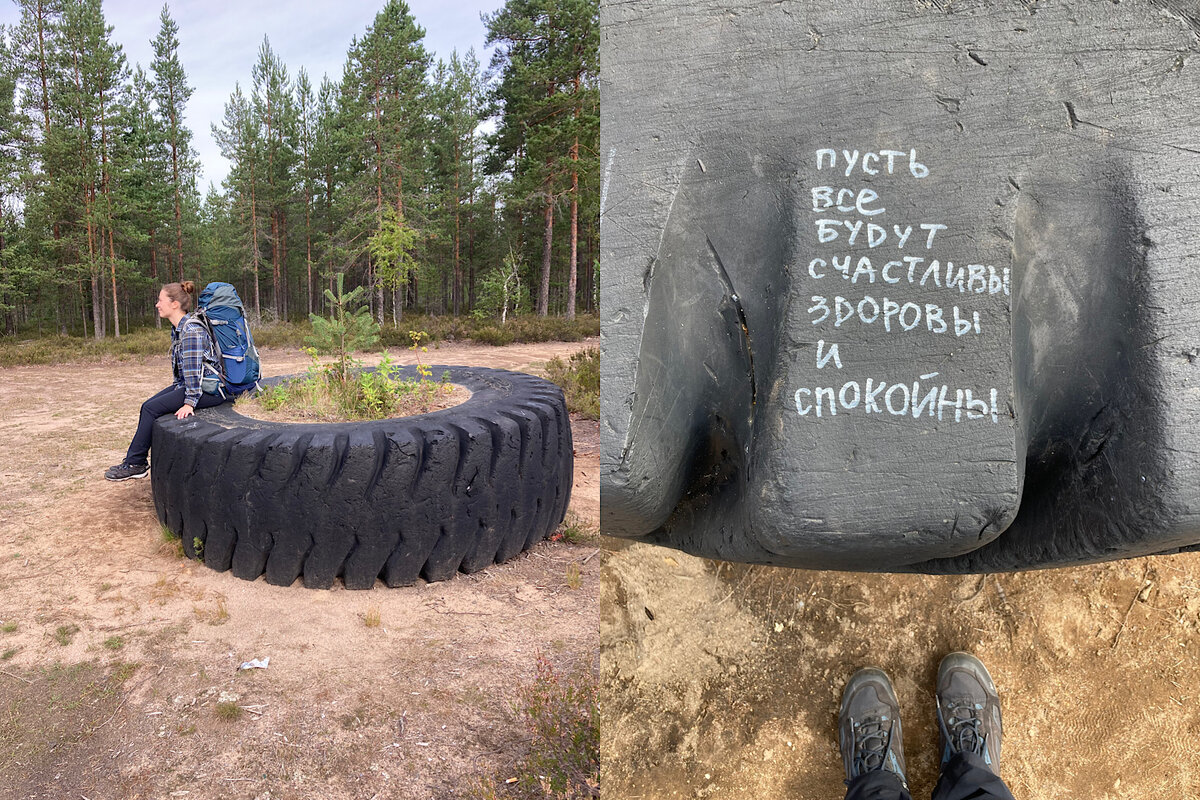 Кто бывал в Кирилловском, может узнать это огромное колесо, лежащее посреди леса. Лес относится к военному полигону, но в дни, когда нет учений, его можно посещать