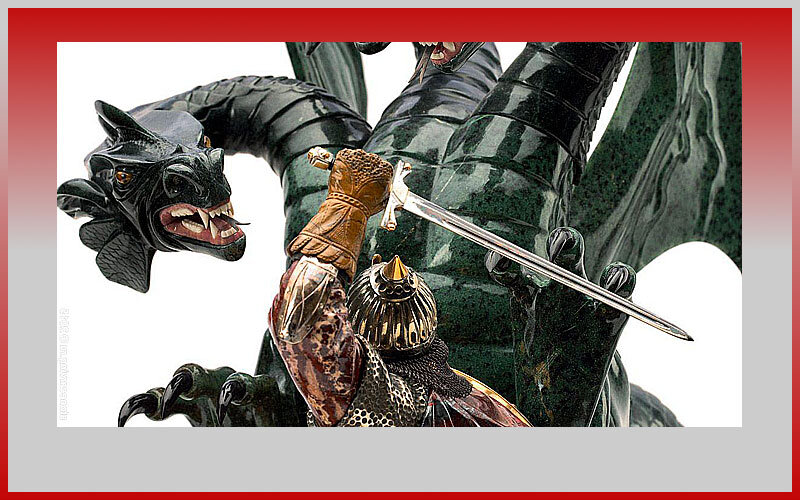 Добрыня Никитич и Змей Горыныч Творческая мастерская Алексея Антонова
2010 год Материалы: кварцит, пирит, яшма, тигровый глаз, долерит, родонит, халцедон, золото, серебро