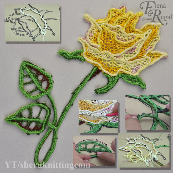 Связанная роза для кофточки в технике ирландского кружева