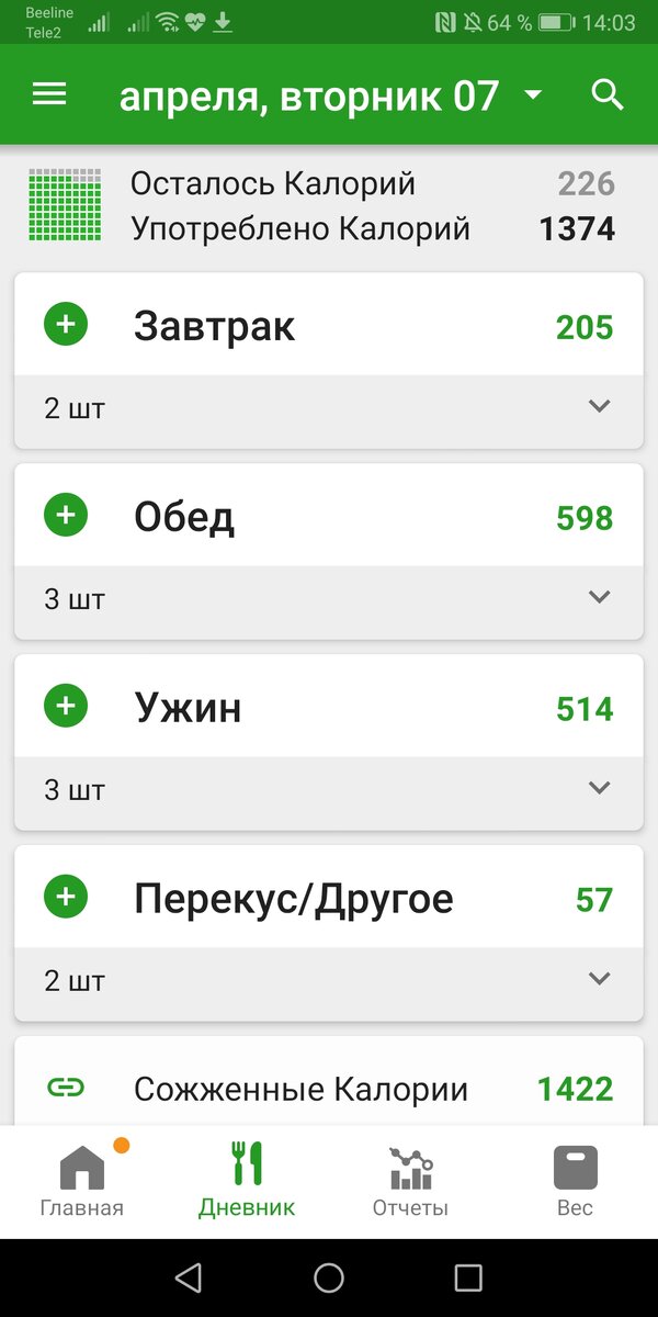 Мой дневник питания. Скрин с приложения автора