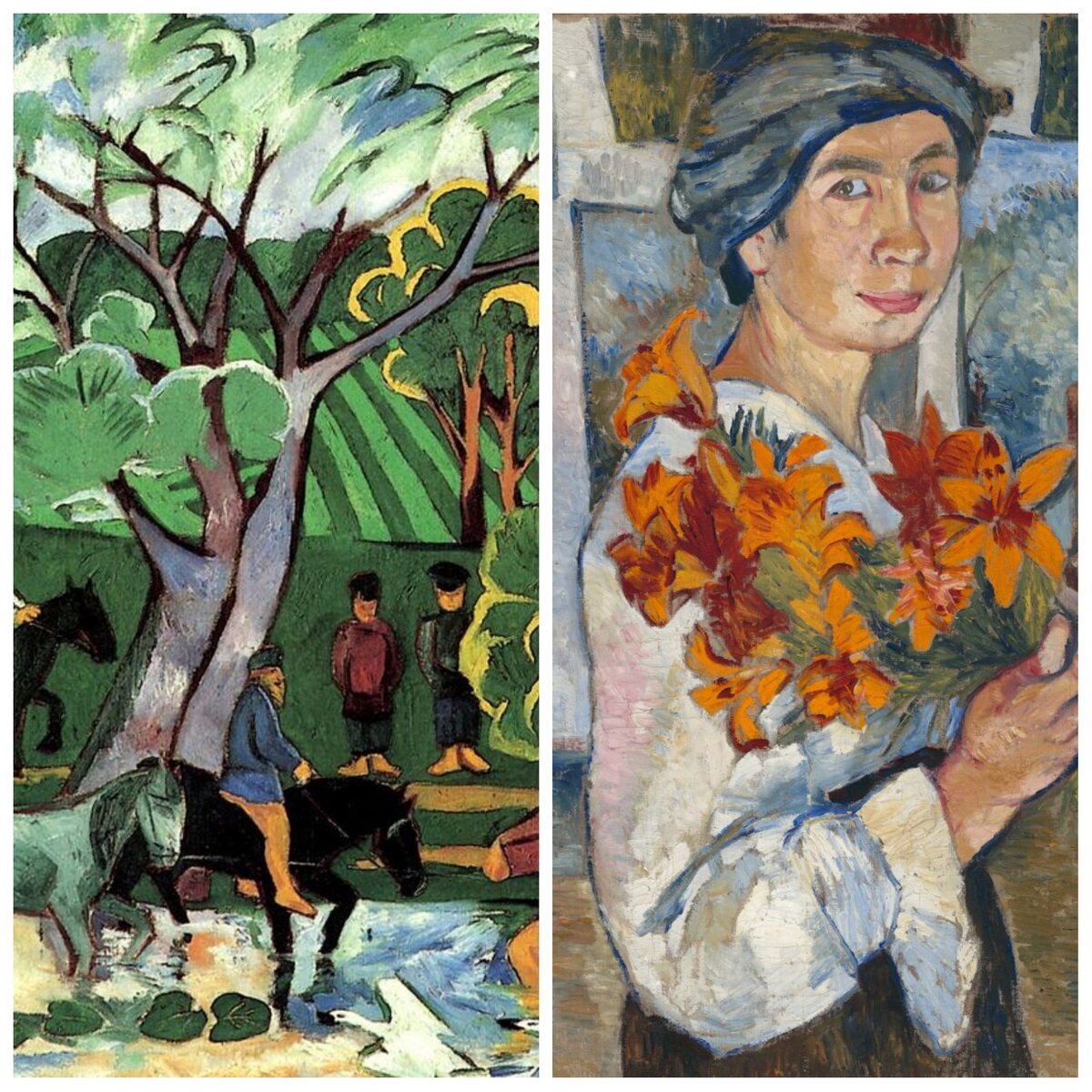 Н.Гончарова: 1."Купание лошадей"; 1911г 2."Автопортрет с желтыми лилиями"1907-1908гг.