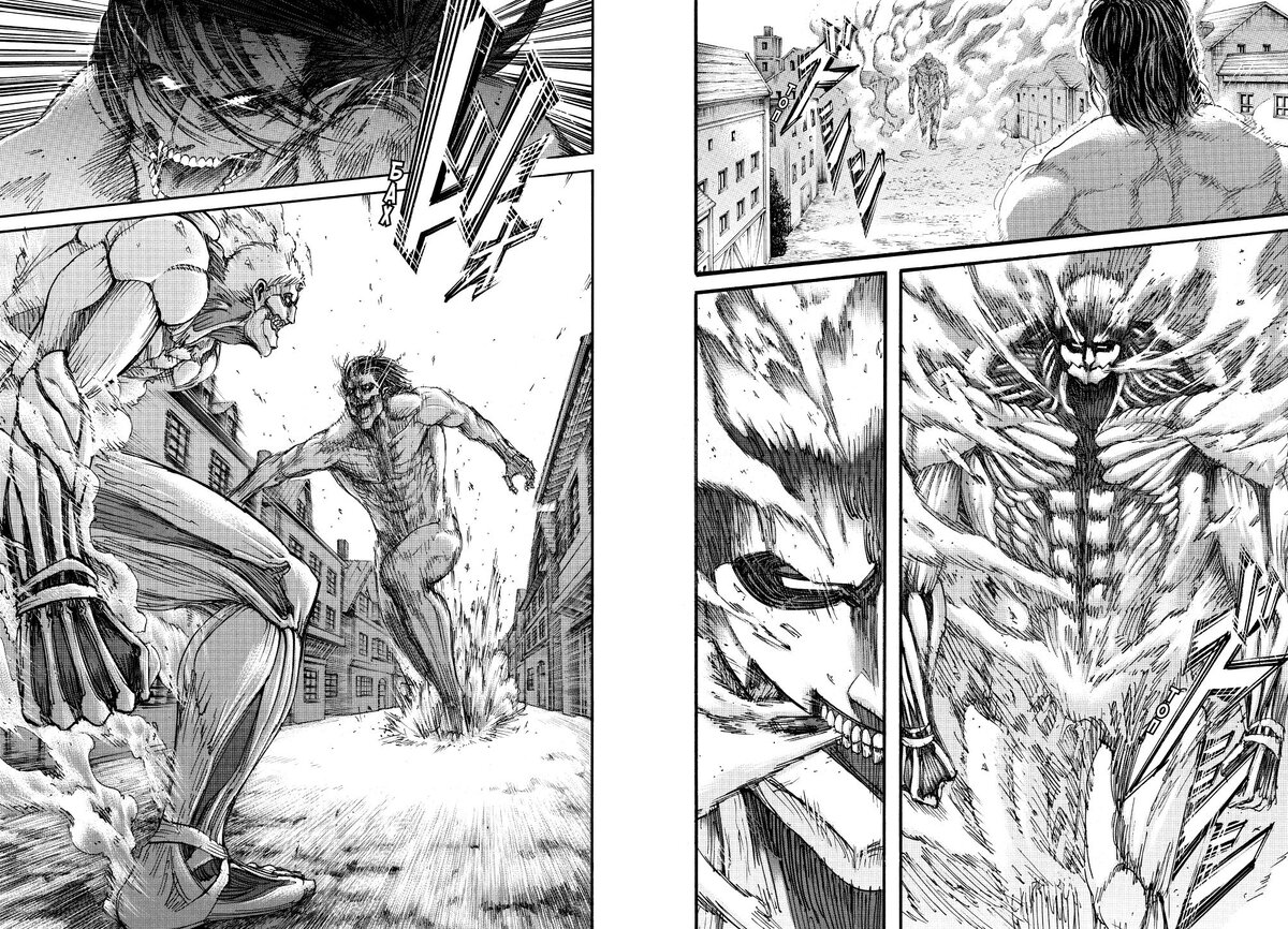 Разворот манги Хадзимэ Исаямы «Атака на титанов. 15: Книги 29 и 30» © ООО «Издательская Группа «Азбука-Аттикус»