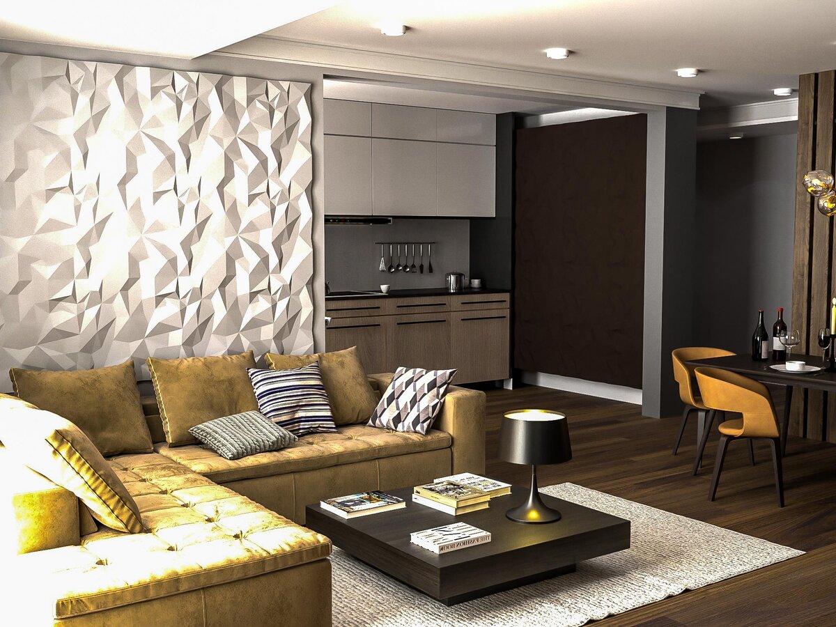 Кухня и гостиная комната с применением ППУ панелей "Iceberg" от бренда "Relieffo"