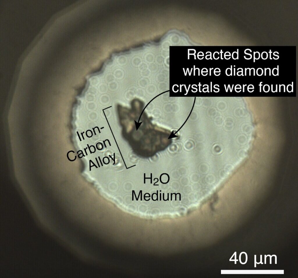    Изображение крупинки цементита в водной среде внутри ячейки с алмазными наковальнями. Стрелками указаны «проржавевшие» участки, в которых рентгеновская дифракция показала наличие микроскопических алмазов. / © Arizona State University.
