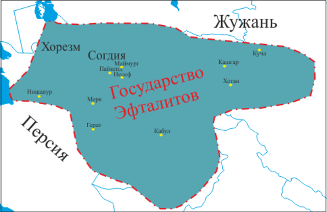 Карта государства эфталитов в Центральной Азии. Рисунок из свободных источников в Интернете.