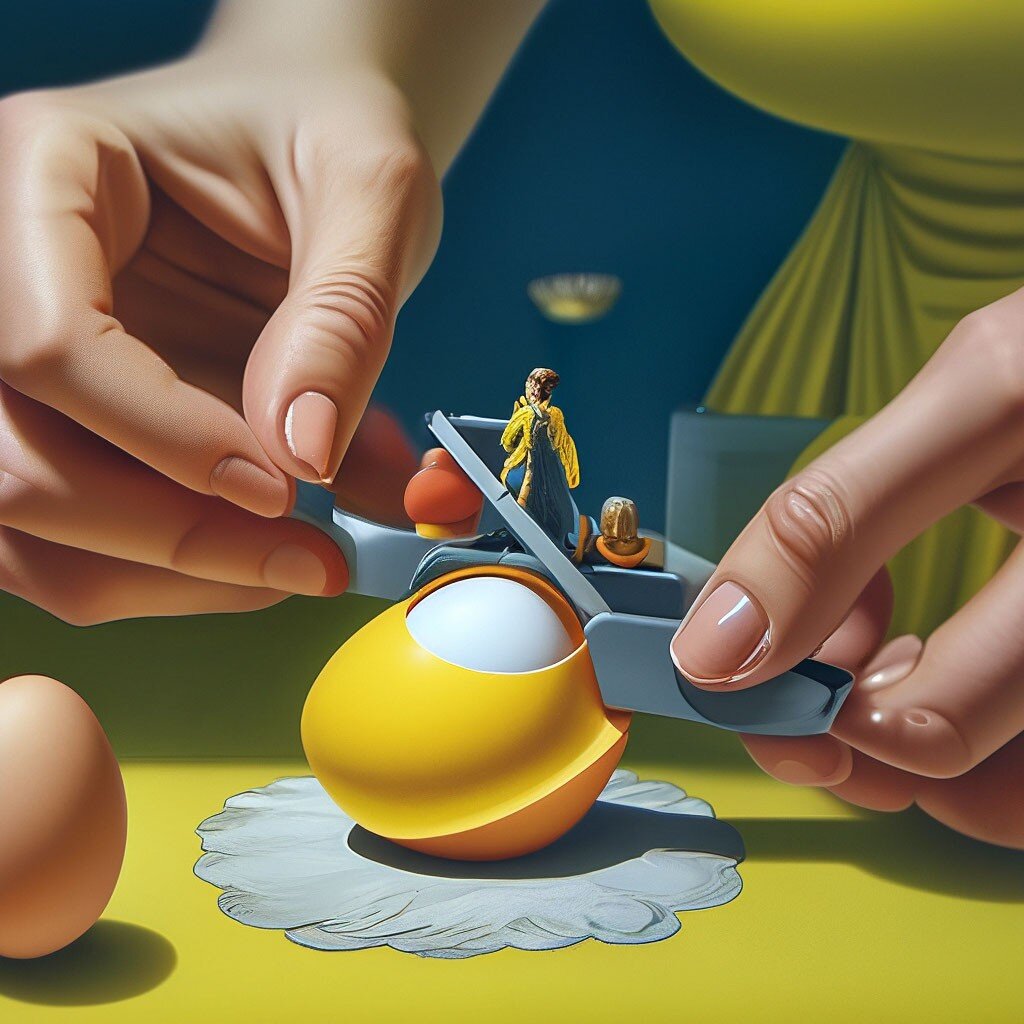 Фото сгенерировано в приложении Шедеврум.https://shedevrum.ai/post/ae988cdb422911ee9a04cef0812af5c0
"Женщина яйцерезка. сюрреализм.  гипердетализация" 