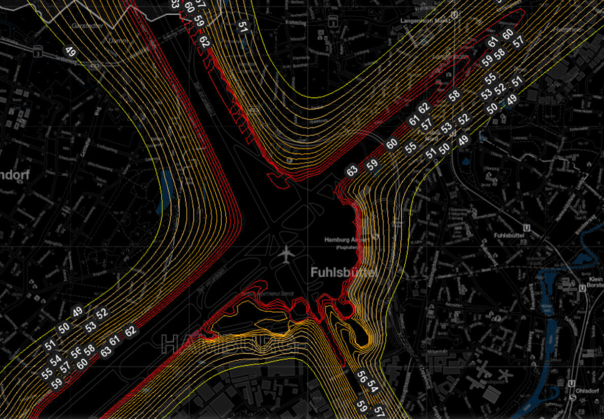 Карта шумового воздействия аэропорта на город (с сайта Geo-Portal Hamburg)