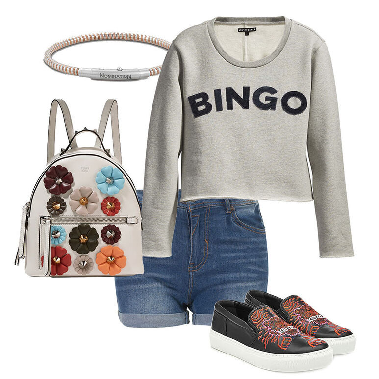 Шорты Baon, топ Levi's Line 8, слипоны Kenzo, рюкзак Fendi, браслет Nomination