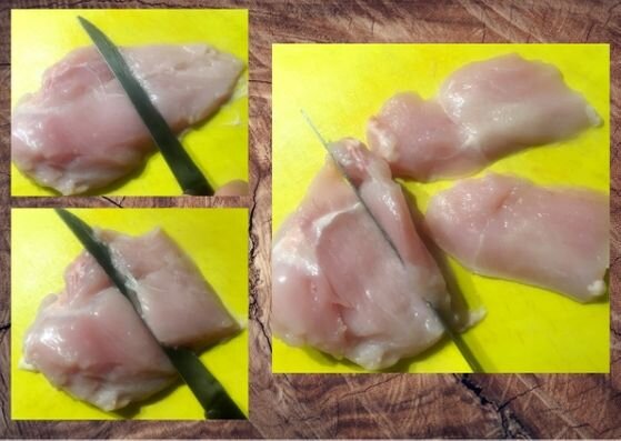 В "тонкой" части грудку режем под углом 45 гр чтобы получить нужную пластинку