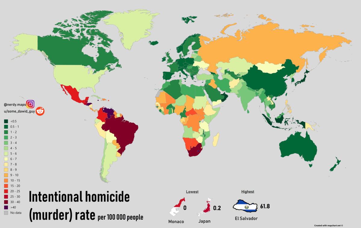 Количество убийств на 100.000 человек в странах мира